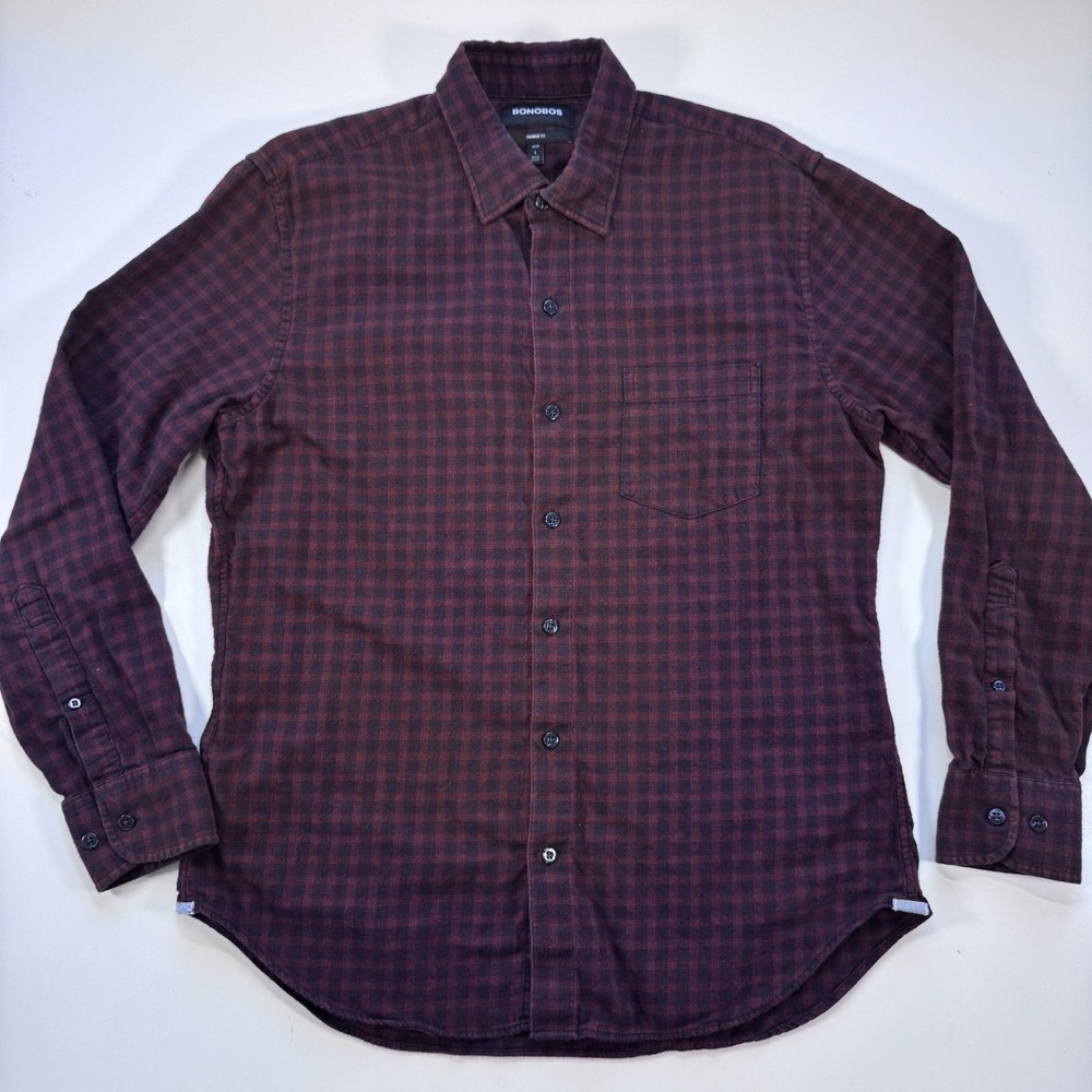 BONOBOS Tailored Fit Long Sleeve Botton Down Shirt Flannel Mens Large Red Plaid